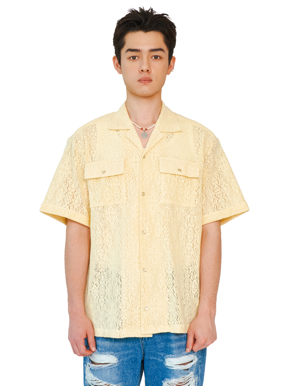 OPEN COLLAR CLOVER LACE SHIRTS_[YELLOW]