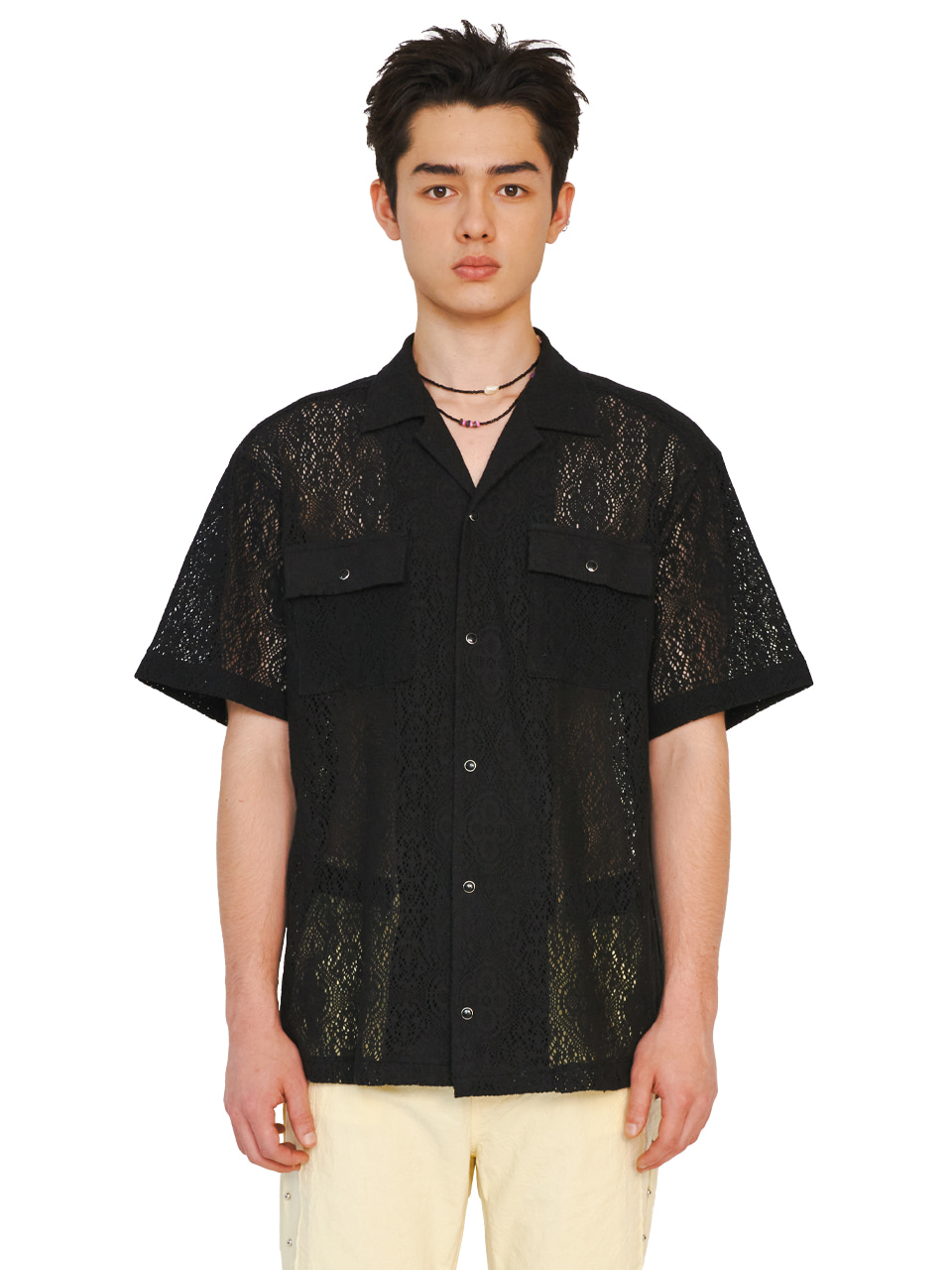 OPEN COLLAR CLOVER LACE SHIRTS_[BLACK]