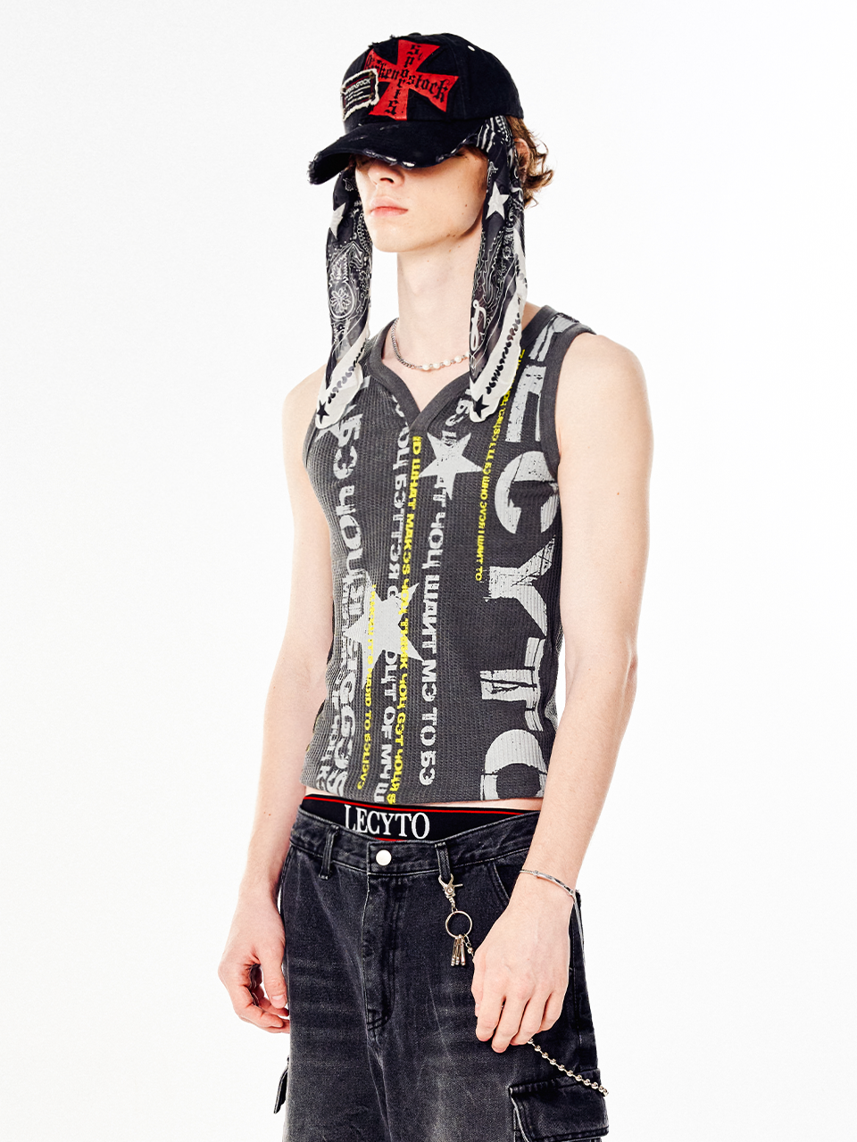 Vintage Lettering Printed Sleeveless_[Charcoal]