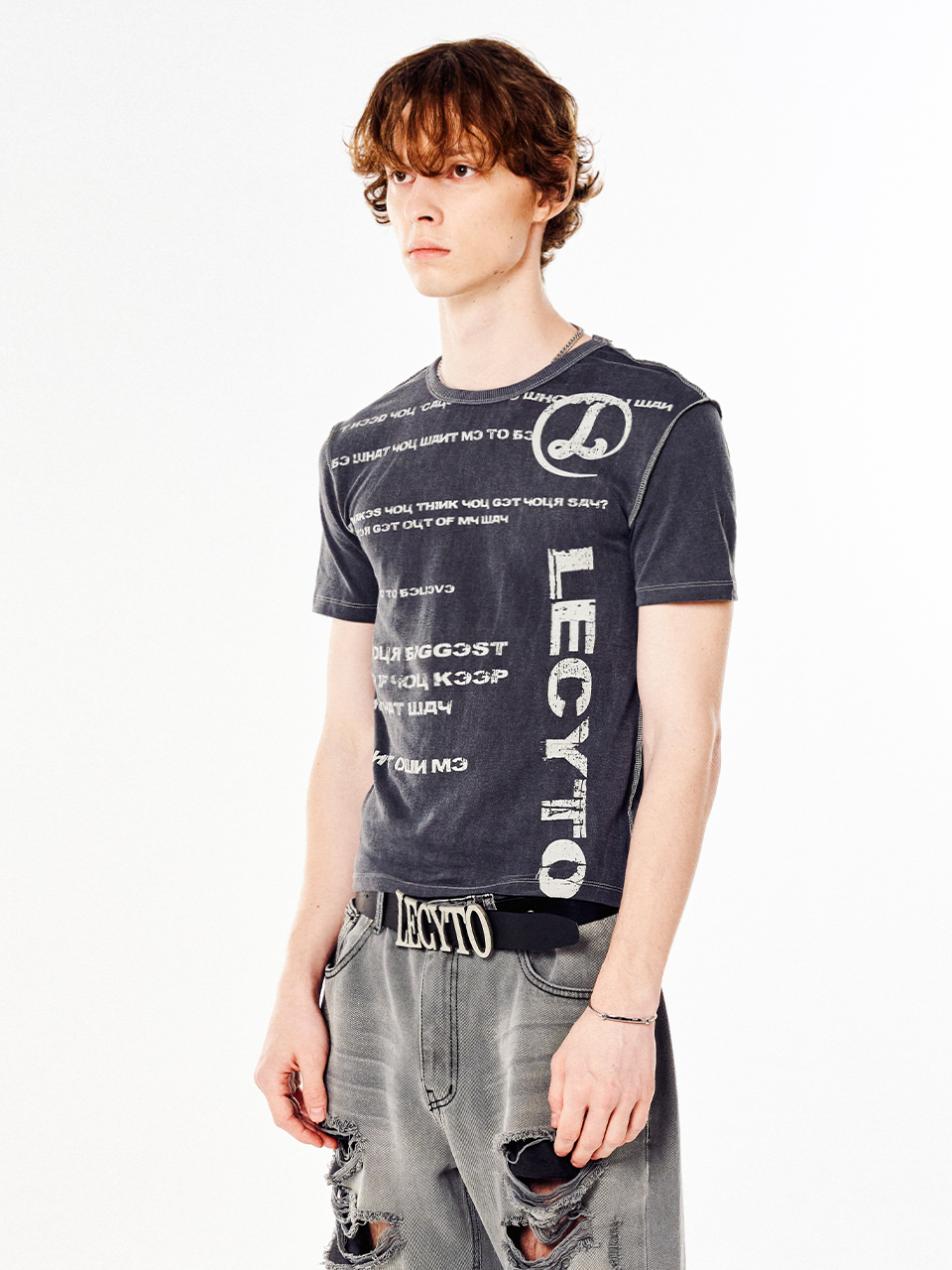 Lettering Pigment Sleeve T-Shirt_[Charcoal]