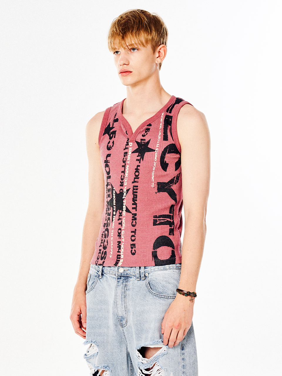 Vintage Lettering Printed Sleeveless_[Red]