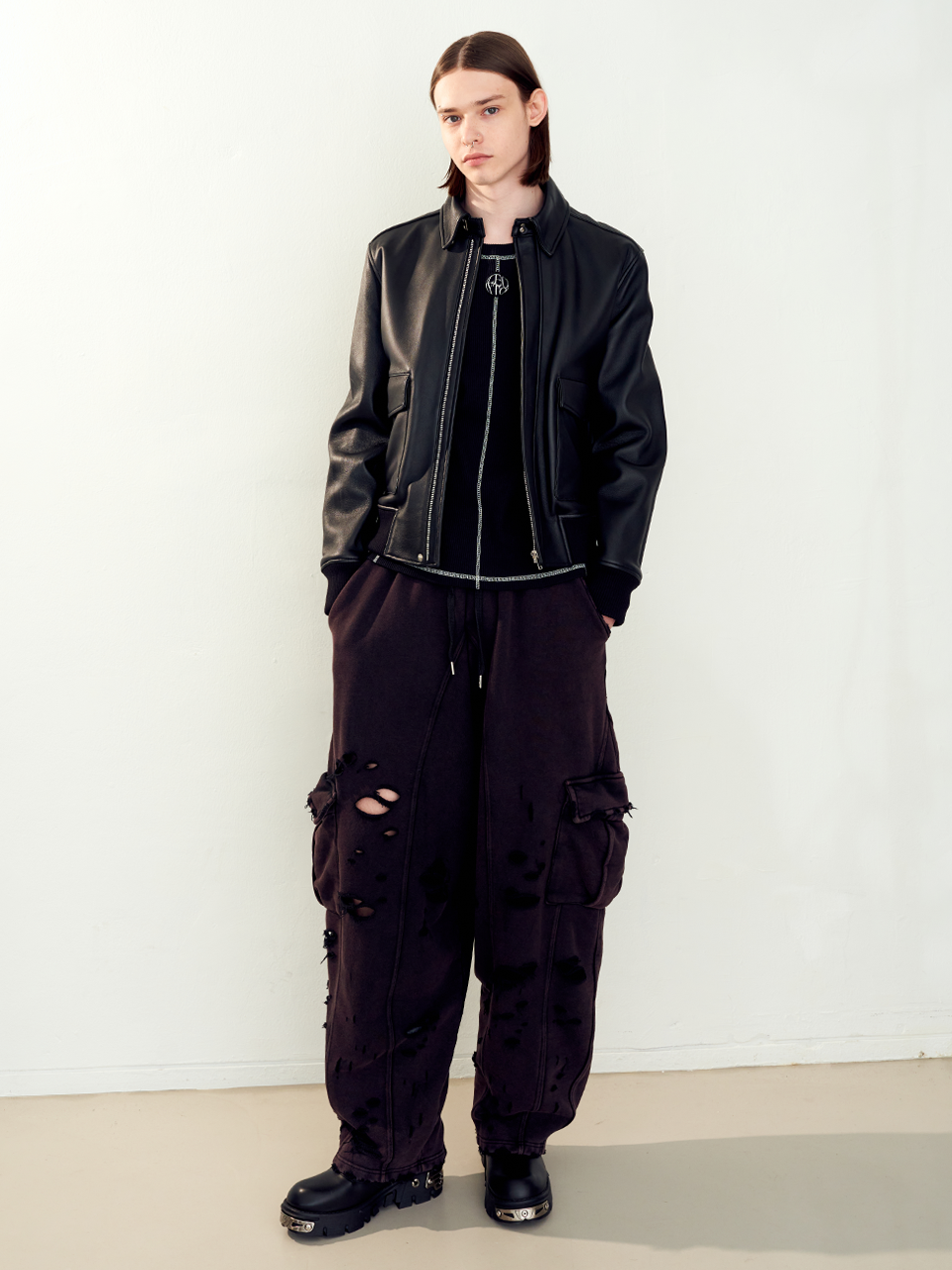 Destroyed Pigment Washed Sweat Cargo Pants_[Black]
